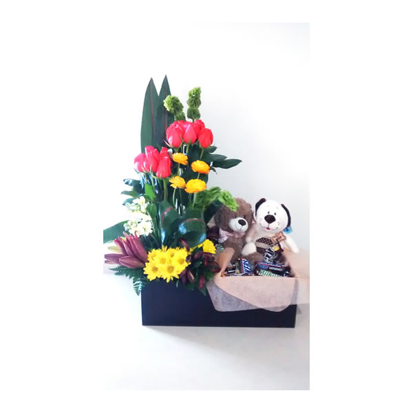 Arreglo Floral con muñecos y chocolates 1 - AzulRosa